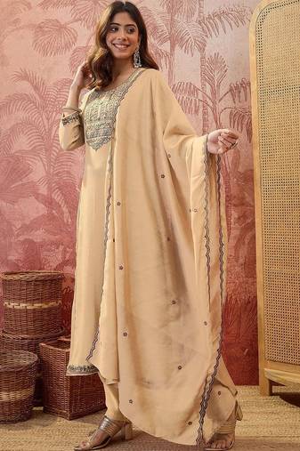 women ethnic motifs embroidered regular thread work kurta with trousers & with dupatta