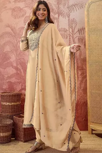 women ethnic motifs embroidered regular thread work kurta with trousers & with dupatta
