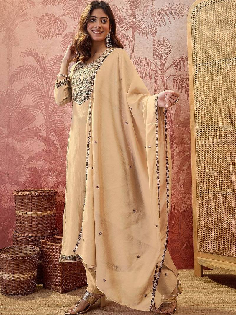 women ethnic motifs embroidered regular thread work kurta with trousers & with dupatta