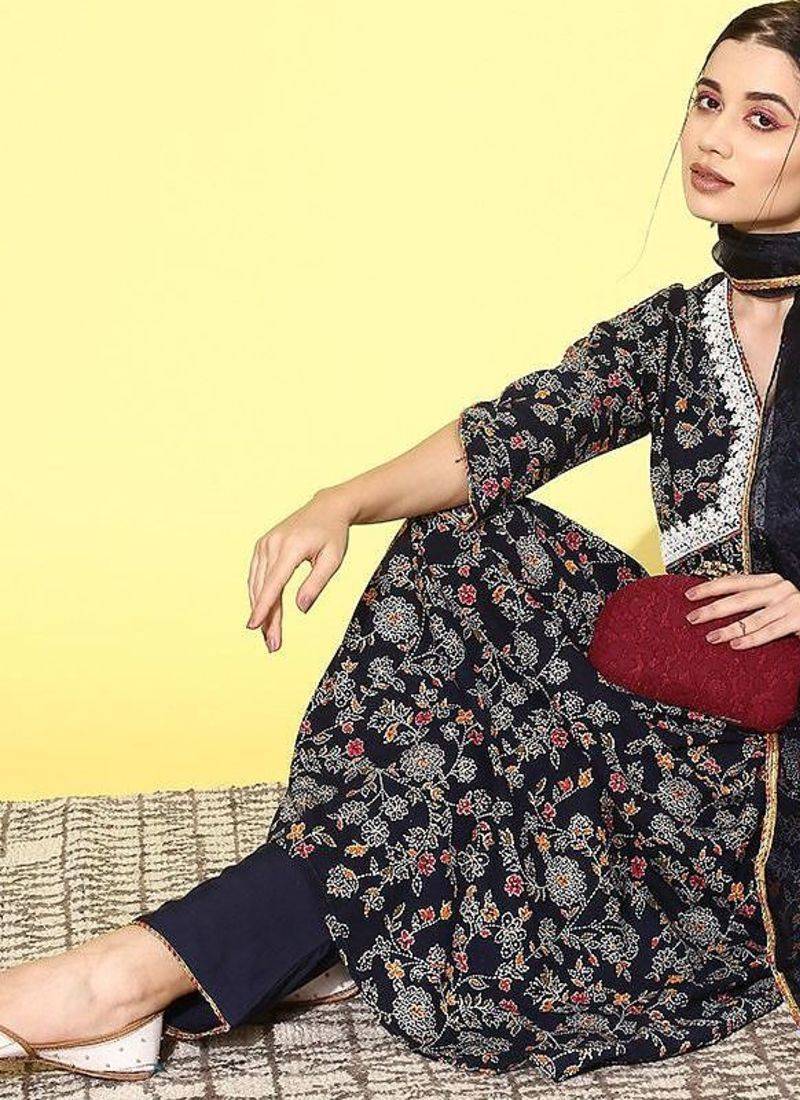 alia cut floral printed empire sequinned kurta with trousers & dupatta