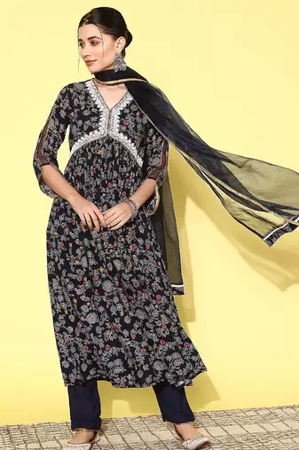 alia cut floral printed empire sequinned kurta with trousers & dupatta