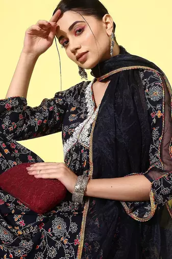 alia cut floral printed empire sequinned kurta with trousers & dupatta