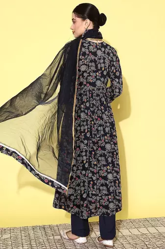 alia cut floral printed empire sequinned kurta with trousers & dupatta