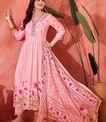 floral printed empire v-neck mirror work straight kurta & trousers with dupatta