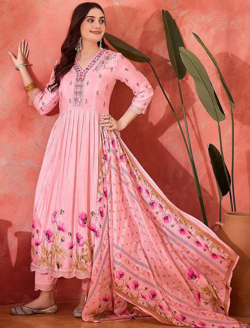 floral printed empire v-neck mirror work straight kurta & trousers with dupatta