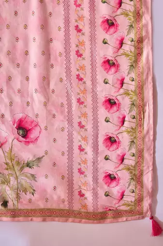 floral printed empire v-neck mirror work straight kurta & trousers with dupatta