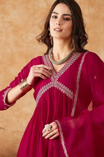 alia cut maroon zari rembroidered empire a-line kurta with trousers & dupatta