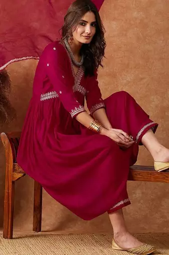 alia cut maroon zari rembroidered empire a-line kurta with trousers & dupatta