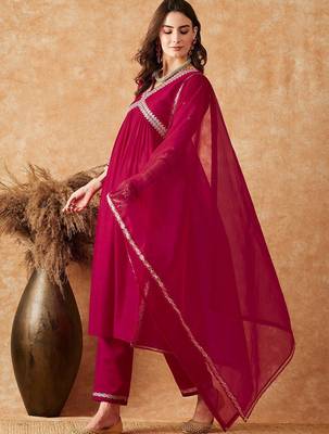 alia cut maroon zari rembroidered empire a-line kurta with trousers & dupatta 1