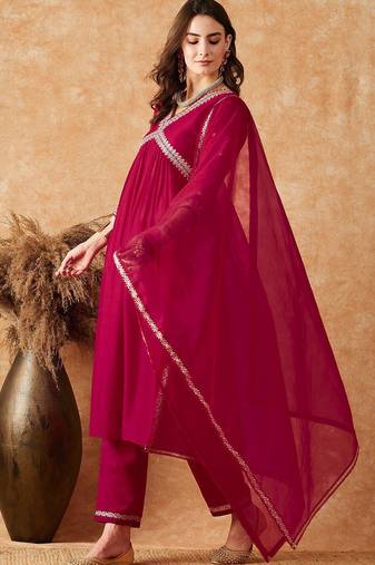 alia cut maroon zari rembroidered empire a-line kurta with trousers & dupatta
