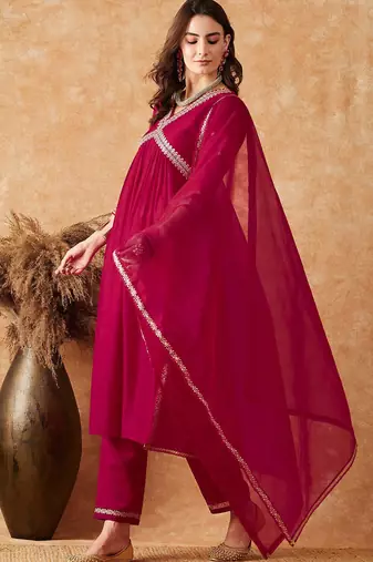 alia cut maroon zari rembroidered empire a-line kurta with trousers & dupatta