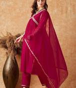 alia cut maroon zari rembroidered empire a-line kurta with trousers & dupatta
