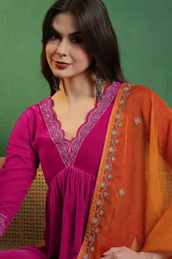 alia cut yoke-designed a-line kurta with trouser & dupatta set