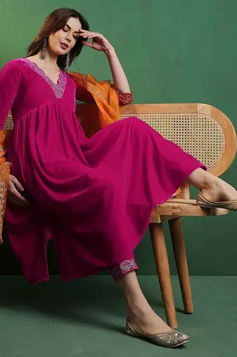 alia cut yoke-designed a-line kurta with trouser & dupatta set