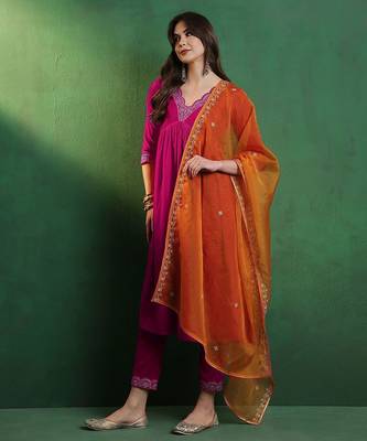 alia cut yoke-designed a-line kurta with trouser & dupatta set 1