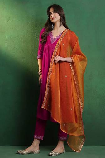 alia cut yoke-designed a-line kurta with trouser & dupatta set