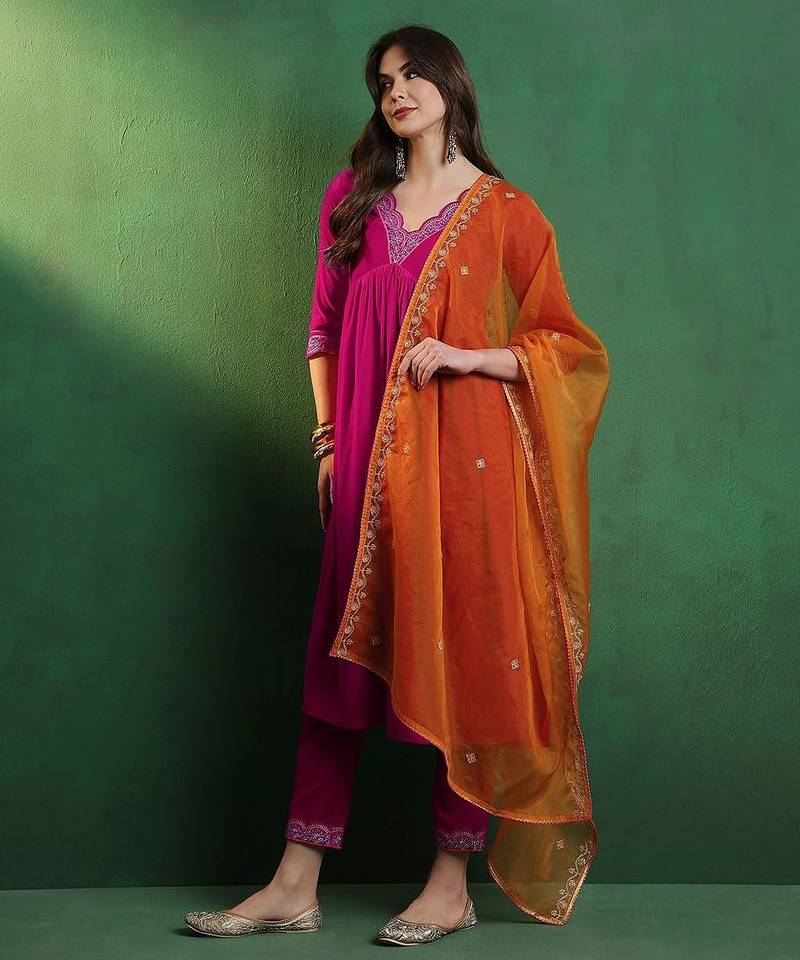 alia cut yoke-designed a-line kurta with trouser & dupatta set