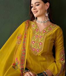 embroidered thread work straight kurta with trousers & dupatta