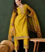 embroidered thread work straight kurta with trousers & dupatta