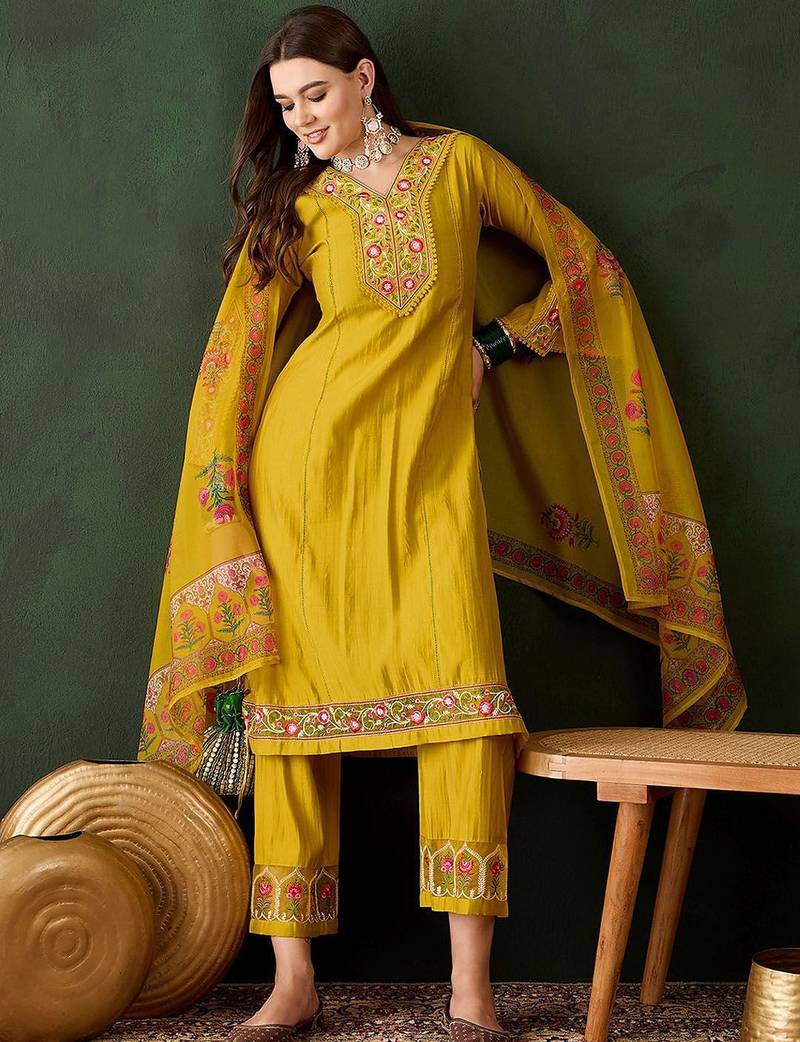 embroidered thread work straight kurta with trousers & dupatta