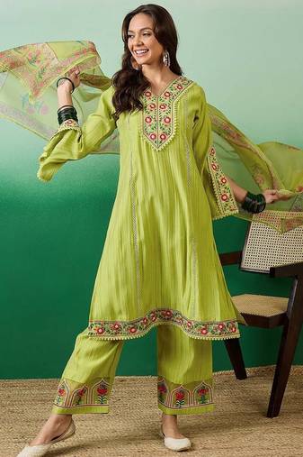 embroidered straight kurta with palazzo & dupatta set