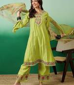 embroidered straight kurta with palazzo & dupatta set
