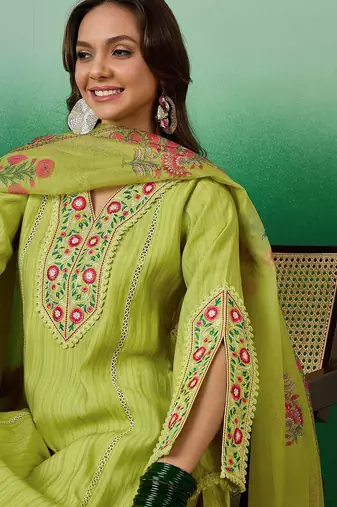 embroidered straight kurta with palazzo & dupatta set