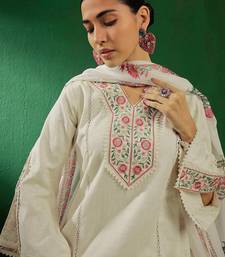 off white floral embroidered pure cotton kurta with palazzo & dupatta
