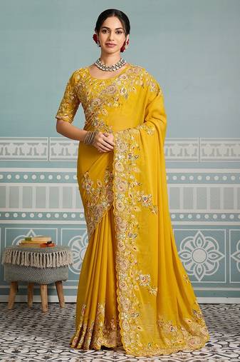 Yellow Star Georgette Cutworrk Saree With Heavy Embroidery Work Blouse 