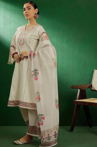 off white floral embroidered pure cotton kurta with palazzo & dupatta