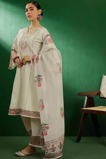 off white floral embroidered pure cotton kurta with palazzo & dupatta
