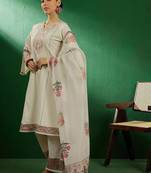 off white floral embroidered pure cotton kurta with palazzo & dupatta