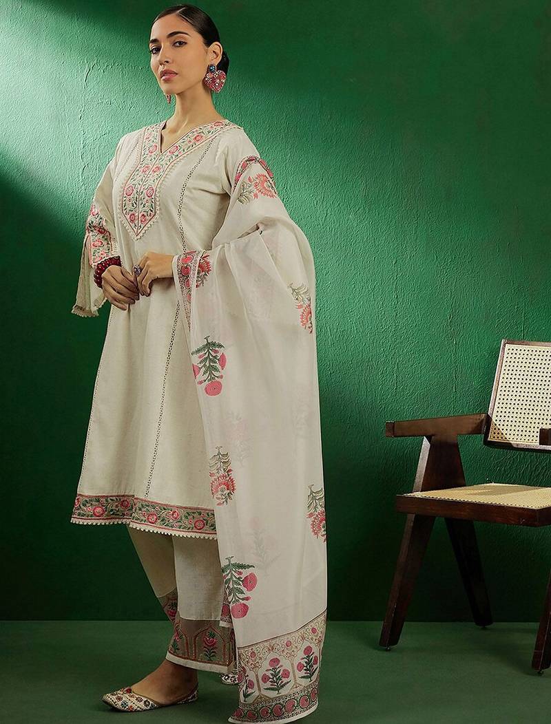 off white floral embroidered pure cotton kurta with palazzo & dupatta