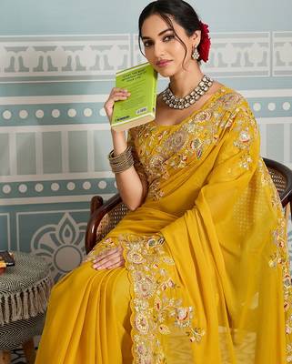 Yellow Star Georgette Cutworrk Saree With Heavy Embroidery Work Blouse  3