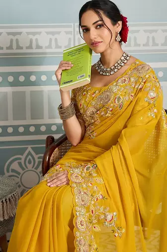 Yellow Star Georgette Cutworrk Saree With Heavy Embroidery Work Blouse 