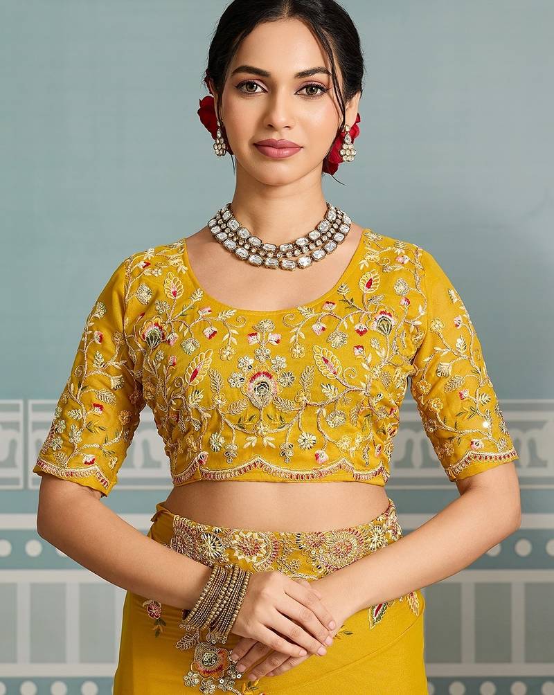 Yellow Star Georgette Cutworrk Saree With Heavy Embroidery Work Blouse 