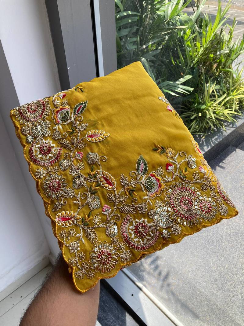 Yellow Star Georgette Cutworrk Saree With Heavy Embroidery Work Blouse 