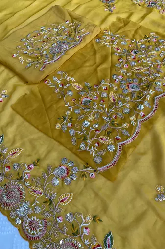 Yellow Star Georgette Cutworrk Saree With Heavy Embroidery Work Blouse 