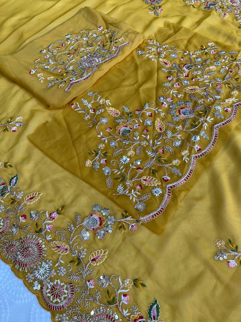 Yellow Star Georgette Cutworrk Saree With Heavy Embroidery Work Blouse 