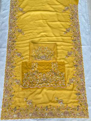 Yellow Star Georgette Cutworrk Saree With Heavy Embroidery Work Blouse  7