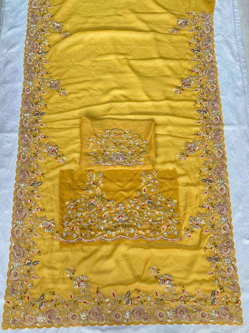 Yellow Star Georgette Cutworrk Saree With Heavy Embroidery Work Blouse 