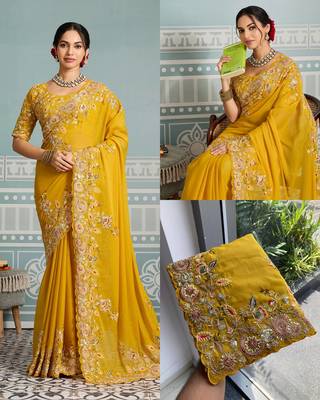 Yellow Star Georgette Cutworrk Saree With Heavy Embroidery Work Blouse  8