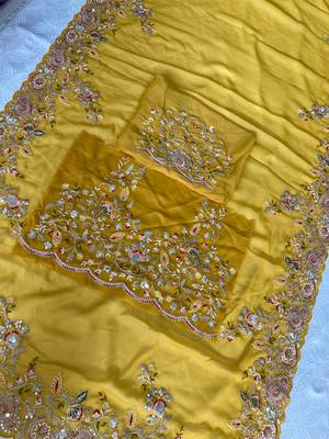 Yellow Star Georgette Cutworrk Saree With Heavy Embroidery Work Blouse  9