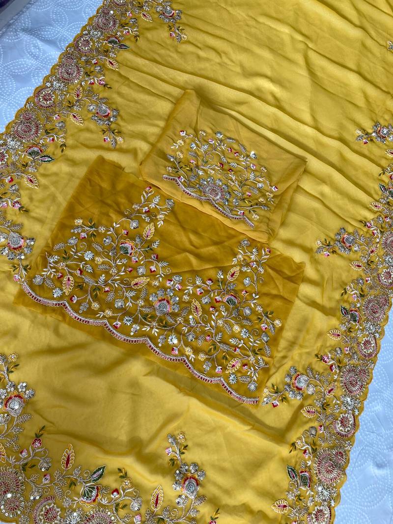 Yellow Star Georgette Cutworrk Saree With Heavy Embroidery Work Blouse 