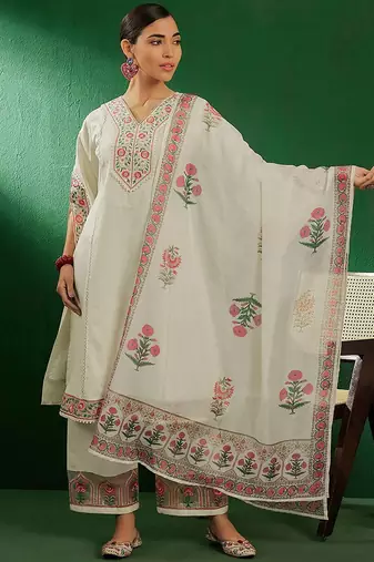 off white floral embroidered pure cotton kurta with palazzo & dupatta