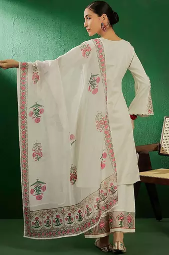 off white floral embroidered pure cotton kurta with palazzo & dupatta