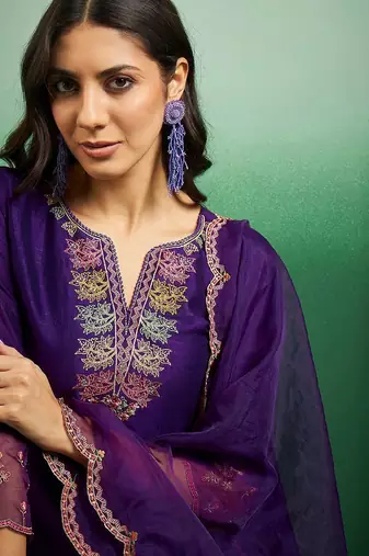 embroidered notch neck kurta with palazzo & dupatta