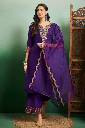 embroidered notch neck kurta with palazzo & dupatta
