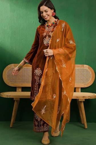 women embroidered kurta & palazzo with dupatta