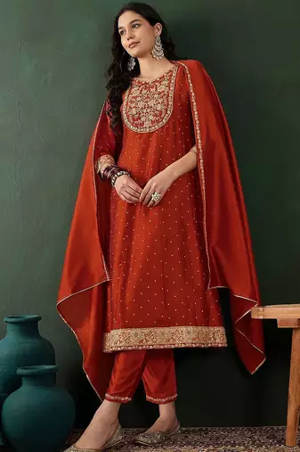 orange-coloured floral embroidered v-neck anarkali kurta with trouser & dupatta